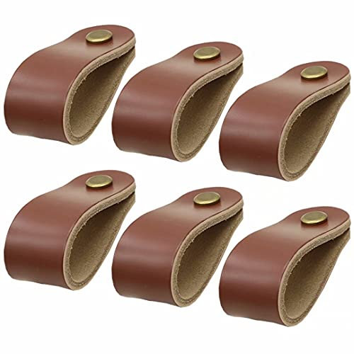 Leder Möbel Griffe, Schrank Griff, Messing-Garderobe, Schrankgriff, Türgriffe, Leder, Kommode, Schubladengriff, Schrankschuh, Weinschrank, Rindsleder, Schrankgriffe, Möbelgriff – 6 Stück ( Color : Bro