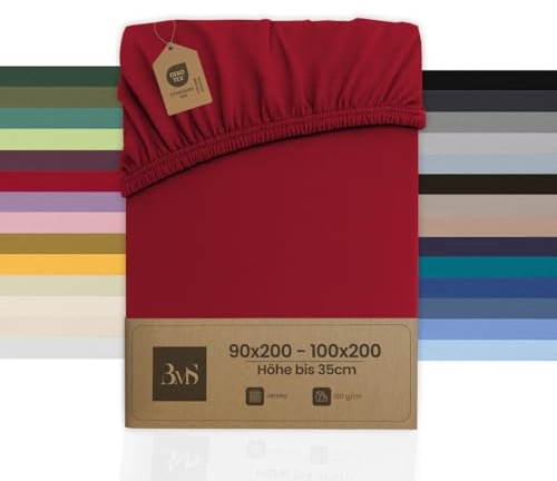Bettwaesche-mit-Stil Spannbettlaken Jersey Spannlaken Spannbetttuch (90x200-100x200 cm, Matratzenhöhe bis 35cm, Rot) Gewicht: 180g/m², 90% Baumwolle 10% Elasthan