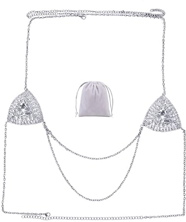 TJCGCKK Strass Nippel Aufkleber Brustwarzenabdeckung mit Halskette Nippelabdeckung Nippelpads Rave Brust Nippel Pasties Kristall BH Sex Körper Kette