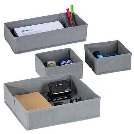 Relaxdays Schubladen Organizer Vlies, 4-TLG. Ordnungssystem Schreibtisch, 3 Größen, Schubladeneinsatz, Trennbox, grau