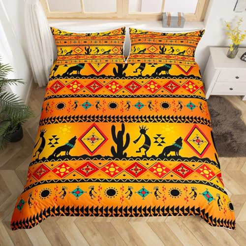 Western Bettbezug Native American Indian Style 155x220 Bettwäsche Sets,Wolf Tröster Bezug Böhmische Sonnenliege Set,Exotische Geometrische Azteken Südwestern Dekor,Orange