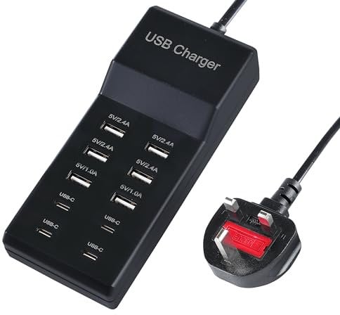Alyphyly Black USB Charger,5V 10A(50W) USB Charging Station with 10-Port (6 USB-A Port & 4 USB-C Port) Compatible with iPhone 15/14/13/12/11/X/8/7/6 Phones, Watch,Tablets, Smartphones
