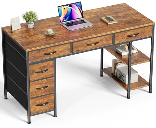 Huuger Computer Desk with 6 Drawers, 47 Inch Office Desk with Shelves, Reversible Gaming Desk, Corner Desk with Storage, Work for Home Office, Study, Living Room, Rustic Brown