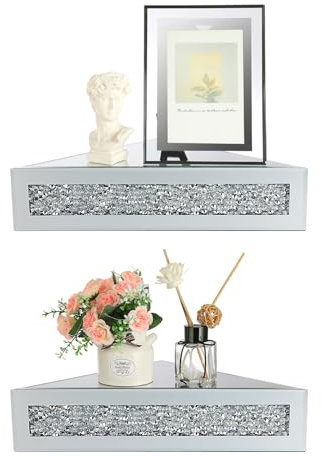 BTSKY 2 x dreieckige Glasregale mit zerkleinerten Diamanten, schwebende Regale – Wandmontage, Tischständer, dekorative Aufbewahrungsregale, 25 x 25 x 35 cm, H 8 cm