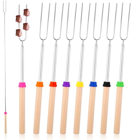 PBUSPU 8 Piece BBQ Marshmallow Brochette, Télescopage Extensible Smores Brochettes, Accessoire Barbecue Brochettes pour Barbecue pour le Camping BBQ à l'extérieur, Barre de Gril 31-81cm