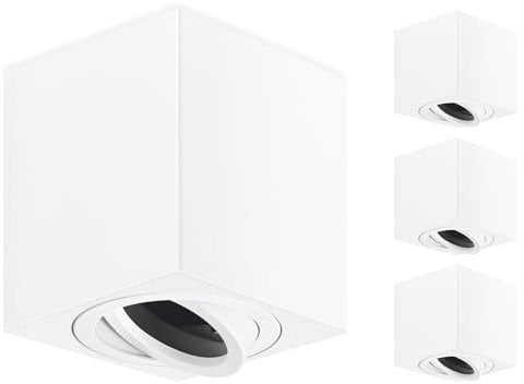 GeyouLux Aufbauspots Eckig, 30° Schwenkbar Deckenspots Weiß, Φ80×84mm Aufbaustrahler mit GU10 Fassung, Aufputz 230v Spots aus Aluminium, Rund Aufbauleuchte Downlight, 4 Stück(Keine Lichtquelle)