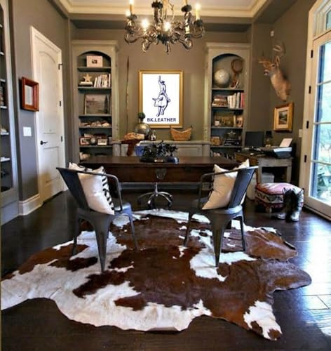 REAL/GENUINE COWHIDE LEATHER RUGS TRICOLOR COW FUR HIDE SKIN CARPET AREA (BROWN & WHITE, MEDIUM [15-18 SQFT])
