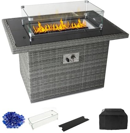 Mesa de fuego rectangular de gas propano de 101,6 cm con tapa, cortavientos de cristal y piedra volcánica, hoguera para exteriores, jardín, patio, cubierta..