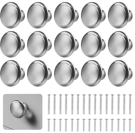 PENCHUAN 15PCS Cabinet Door Knobs, 27mm Silver Round Brushed Metal Knobs, Drawer Pull Handle with 30 Long Short Screws for Cabinets, Drawers, Wardrobes, and Kitchen Cupboards Furniture
