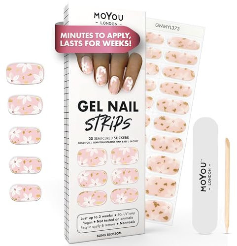 MOYOU LONDON Halbgehärtete Gel-Nagelstreifen - 20 Stück. Gel-Nagelfolien für eine Maniküre in Salonqualität - Funktioniert mit jeder UV-Nagellampe - Einfach anzuwenden - Bling Blossom