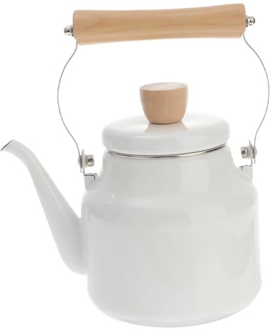 Retro Emaille Wasserkocher 1,8l Weiß für Induktion und Herd | Wasserkessel mit Pfeife, Holzgriff, Anti Scalding Handle, Leicht und Bruchfest