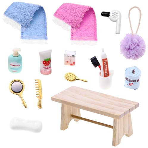Alovez 16 Stück Miniatur Wichtelzubehör Bade-Set für Wichtel Set und 1/12 Puppenhaus Zubehör, DIY Wichtel Badeset Badeutensilien mit Mini Hocker Zahnpasta Zahnbürste Badeschwamm