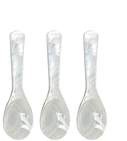 Qiantull Juego de 10 cucharas de nácar, 7,3 cm, nácar, color blanco, nácar, natural, conchas, cucharas de huevo, cucharas de café, conchas, cucharas de postre
