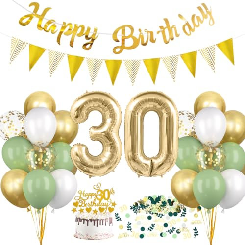 HUKUMA 30 Geburtstag Deko, Salbeigrüne Deko 30.Geburtstag Frauen Männer,30er Geburtstagdeko Luftballon mit Girlande Grün Weiß Gold,Tortendeko Avocado Grüne Konfetti Ballon für Geschenk