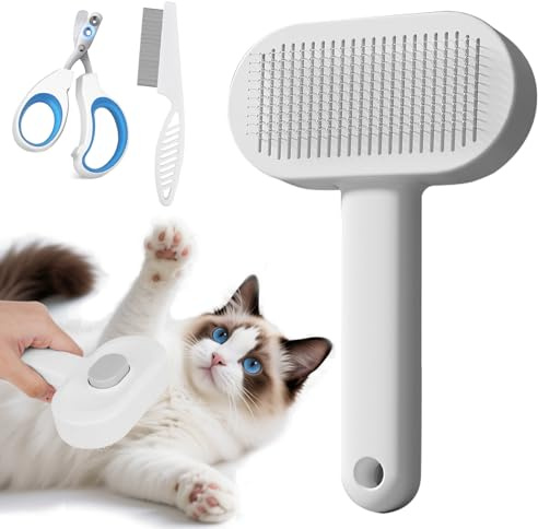 Okiki 3-teiliges Haustierpflege Set – Hundebürste, Katzenbürste für Lang- und Kurzhaartiere, Krallenschere und Flohkamm – Hautverträglich