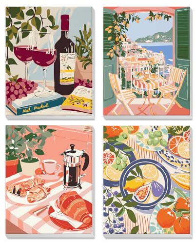 4 Pcs Peinture par Numero Enfant 7 8 9 10 avec Cadre, Bar de cuisine, cuisine, Peinture sur Toile Acrylique avec Pinceaux, Débutant Adulte Enfant, Décoration Murale Salon Chambre 20x25cm Paysage