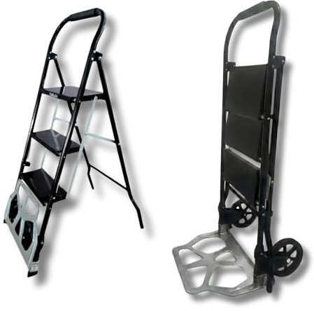 BauLuxe Trittleiter, Klappbar & Sackkarre 2-in-1 als 2&3 Stufen Aluminium-Klappleiter, schwarz/Silber, mit Transporträdern, Umzug, Renovierung und für den Alltag