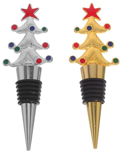 DEARMAMY Christmas Tree Wine Stoppers Set of 2 - Gold and Silver Decorative Metal Wine Bottle Stoppers, Reusable Christmas Tree Shaped Bottle Sealer and Preserver for Holiday Parties Gifts