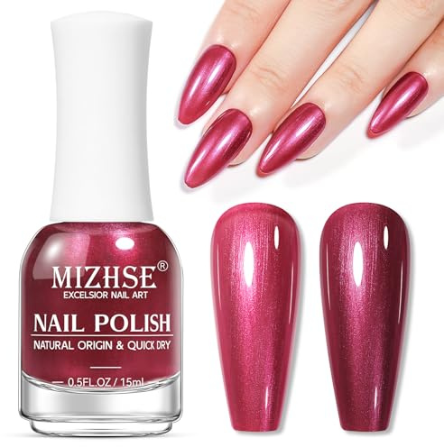 MIZHSE Rot Nagellack mit Perlmuttglanz, Shimmer Nagellack Schnelltrocknend | Nagellack Schnelltrocknend, Nageldesign mit Perleffekt, Metallisches Rubinrot Nail Polish, 15ml