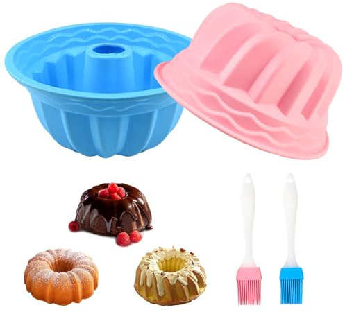 CHICHI:OÜ 2 Stück Gugelhupfform Silikon Ø 24 cm, Temperaturbeständig Gugelhupfform Backformen für -40℃ bis 230℃ Antihaftbeschichtet mit 2 Bürsten, Bundform für Kuchen, Brot