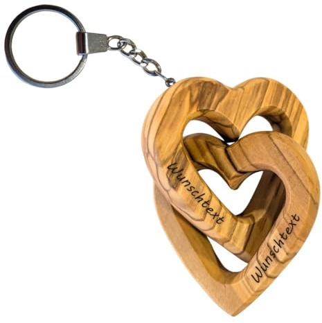 KASSIS Olivenholz Herz Schlüsselanhänger - Handschmeichler - Verbundene Herzen - Geschenk zur Valentinstag, Geburtstag, Hochzeit, Jahrestag (1, Schlüsselanhänger (mit Gravur))