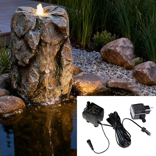 Künstlicher Quellstein Felsen mit LED Beleuchtung OG-KQS001 Realistische Steinoptik, inkl. 2 m Schlauch – Wetterfest für Teich & Bachlauf Wasserfall (OG-KQS001 mit Pumpe)