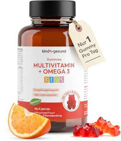 Kindgesund Multivitamin Kinder Gummibärchen - 15 Vitamine & Nährstoffe mit Omega 3 (DHA aus Algenöl) - 1 Gummy/Tag - für 2 Monate - Vegetarisch - Orangengeschmack - ab 4 Jahren - 60 Stück
