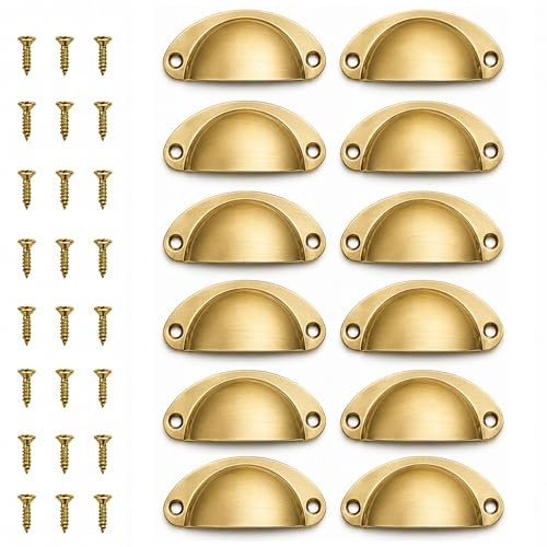 Funver 12 Pcs Vintage Shell Cup Pull Handles, Antique Brass Drawer Pulls 65mm Hole Centre for Kitchen Cabinets Dresser Cupboard Doors, Retro Half Moon Metal Knobs with Screws (Gold)
