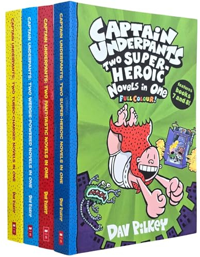 Captain Underpants Full Colour illustrated Series by Dav Pilkey 4 Books Collection Set (Two Pant-tastic Book 1-2, Two Wedgie-Powered Book 3-4, Two Turbo-Charged Book 5-6 & Two Super-Heroic Book 7-8)