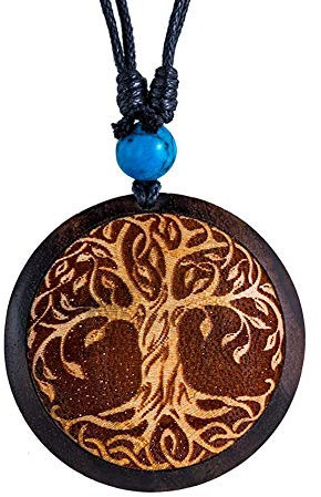 CHICNET Halskette Türkis verstellbar Kette Holz Anhänger rund Raute | Sri Yantra Yinyang Om Baum des Lebens Thors Hammer Allsehendes Auge Viking Celtic Nordic Azteken Buddha Holzkette