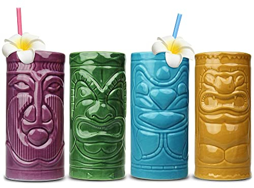 Monsterzeug Tiki Ensemble de tasses Tiki en céramique - Verres à cocktail hawaïens - Verres à cocktail et décoration de fête - 14 x 6,5 cm