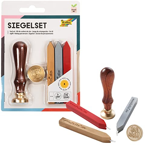 folia 31019 - Siegel Set mit zwei Siegelmotiven, einem Holzgriff und Siegelwachs in 3 Farben, zum stilechten Verzieren von Karten und Einladungen