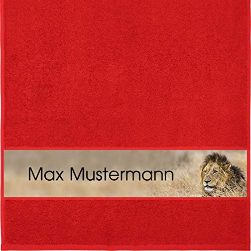 Manutextur Handtuch mit Namen - personalisiert - Motiv Tiere - Löwe - viele Farben & Motive - Dusch-Handtuch - rot - Größe 50x100 cm - persönliches Geschenk mit Wunsch-Motiv und Wunsch-Name