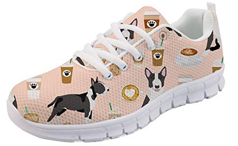 Coloranimal Damen Road Walking Schnürschuhe Athletic Running Trail Flats Süß Boston Terrier Kaffee Muster Schuhe EU Größe 36