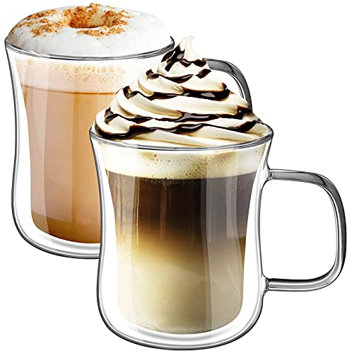 KAMEUN Latte Macchiato Gläser Doppelwandige, 2er Set 350ml Kaffeetassen Glas aus Borosilikatglas, Thermogläser mit Henkel für Cappuccino, Tee, EIS, Milch