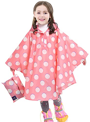 AIWUHE Kids Rain Poncho Cartoon Raincoat Jacket Cute Rain Coat Toddler Boys Girls Rain Cape Lightweight Waterproof Hoodie Outwear Pink Polka Dot M
