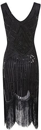 MIMIKRY 20er Jahre Charleston Pailletten Kleid Schwarz mit Fransen Flapper Damen-Kostüm, Größe:XL