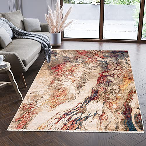 Carpeto Rugs Modern Teppich Abstrakt Muster mit Fransen - Lebendige Farben, Baumwollrücken, Kurzflor Niedriger Flor - Beige Rot Bunt 160 x 225 cm