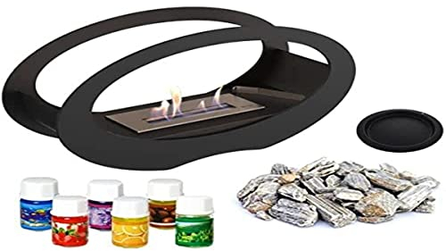 KRATKI Echo Cheminée au bioéthanol + Ensemble d'atomathérapie + brasero de Forme Ovale sur Pied avec Galets avec biocontainer 0,2 l Acier Enduit de Poudre Noire certifié TÜV 29 x 50 cm