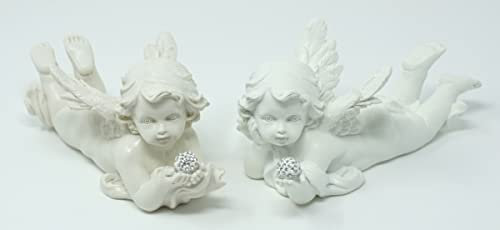 CBK-MS 2x Engel Deko Figur liegendes Engelpaar mit Glitzerkugel und Flügel im dekoratieven Set Schutzengel