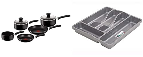 Tefal B470S544 Delight 5 Piece Non Stick Pan Set (14 cm Milk, 16/18 cm Saucepans with Lids, 20/24 cm Frypan) & Wham Silver 5 Compartment Plastic Cutlery Holder Tray Drawer Organiser Rack