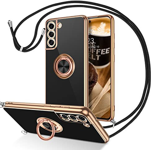 DUEDUE Coque pour Samsung S21 FE 5G Cordon avec Anneau Rotatif, Protection Caméra Souple Fine Doublure Microfibre, Coque de Téléphone pourSamsung Galaxy S21 FE Bague Noir Corde Bandoulière Réglable