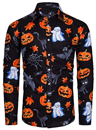 MOHEZ Mens Halloween Shirt Ugly Pumpkin Casual Long Sleeve Funny Button Down Shirts Alphabet Print Adult Costume Black X-Large