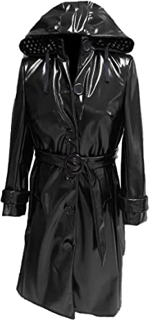 MAXDUD Damen-Regenmantel aus PVC, glänzend, mit Kapuze, leicht, stilvoll, langer Trenchcoat, Schwarz – PVC-Leder, XXL