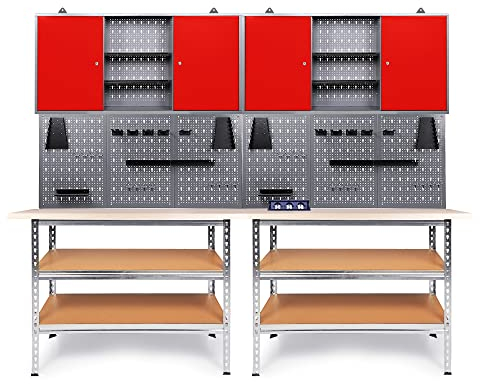 Ondis24 Werkstatteinrichtung 240 cm Werkbank Uwe, Metall, Lochwand mit Hakensortiment, 2 Werkstattschränke Arbeitshöhe 92 cm inkl. versenkbarer Steckdosenleiste (rot)