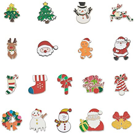 PandaHall 18pcs Christmas Enamel Pin Badges Set 18 Styles Bell Santa Claus Snowman Reinder Christmas Tree Brooch Pin Badges Lapel Badges for Clothing Bags Jackets Accessories