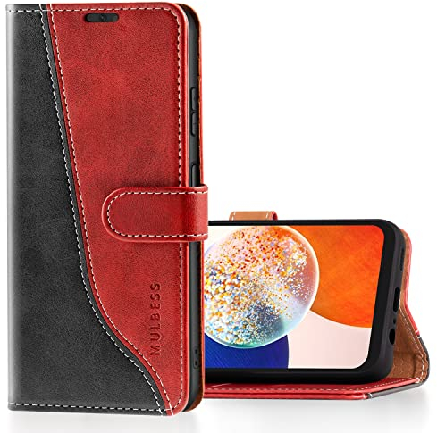 Mulbess für Samsung Galaxy A14 5G Hülle, Handyülle Leder mit Kartenfach, Klapphülle mit Magnetverschluss, Flip Case Etui Handytasche Schutzhülle, Stilvoll Wein Rot