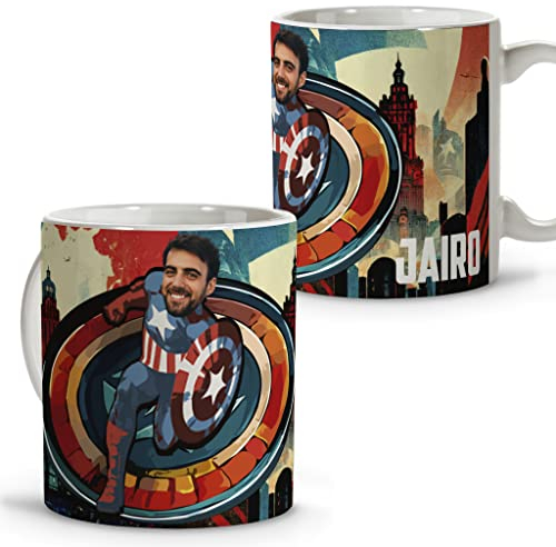 LolaPix Taza Marvel. Personalizada con Foto y Nombre. Taza Cerámica. 330 ml. Varios diseños y colores de Interior. Regalos Originales. CAPITÁN AMERICA