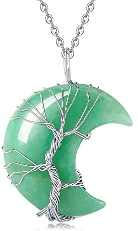 XIANNVXI Grüner Aventurin Halskette Damen Silber Kette Kristalle Mondsichel Ketten Anhänger Kristall Kette Baum des Lebens Natürliche Energie Edelsteine Schmuck Frauen Geschenk