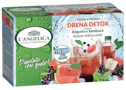 L'Angelica Tisana Depurativa a Freddo Drena Detox, Con Anguria e Sambuco, Tisane Fredde Zero Calorie, Tisane Drenanti e Sgonfianti, Confezione da 18 Filtri